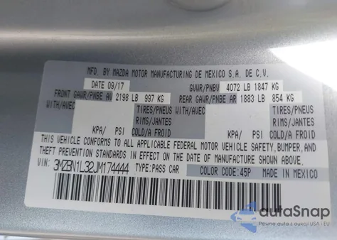 2018 Mazda Mazda3 Touring z USA, uszkodzony, nr VIN 3MZBN1L32JM174444